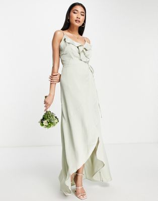 Bridesmaid satin wrap dress in sage green