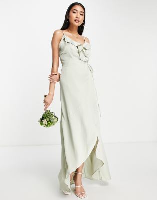 Tfnc Bridesmaid Satin Wrap Dress In Sage Green