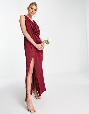 TFNC Bridesmaid satin wrap maxi dress in berry