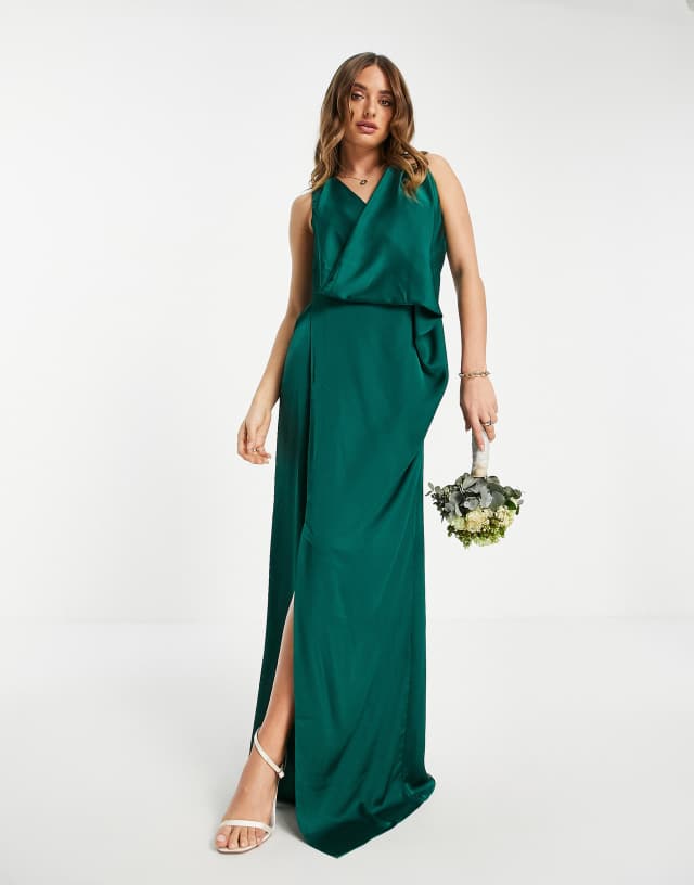 TFNC Bridesmaid satin wrap maxi dress in emerald green