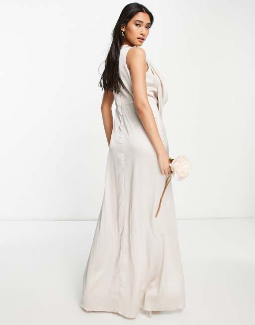 TFNC Bridesmaid satin wrap maxi dress in mink