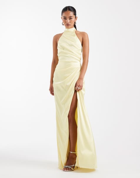TFNC Bridesmaid Siya satin halterneck pleat detail maxi dress in butter lemon - view 1