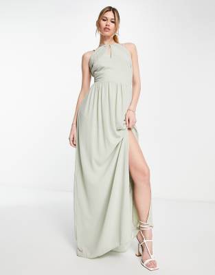 Tfnc Bridesmaid Strappy Back Halter Neck Dress In Sage Green