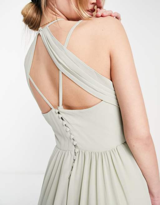 TFNC Bridesmaid strappy back halter neck dress in sage green, 3 of 4