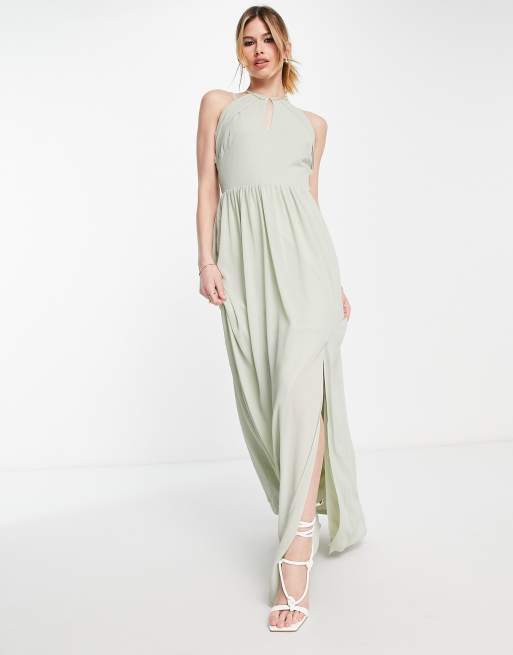 TFNC Bridesmaid strappy back halter neck dress in sage green, 4 of 4