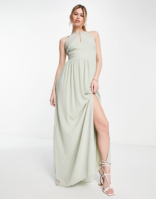 TFNC Bridesmaid strappy back halterneck dress in sage green | ASOS