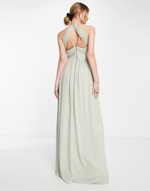 TFNC Bridesmaid strappy back halterneck dress in sage green, 2 of 4