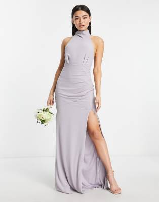 TFNC Bridesmaid – Szara szyfonowa sukienka maxi z wysokim dekoltem i wiązaniem na plecach 