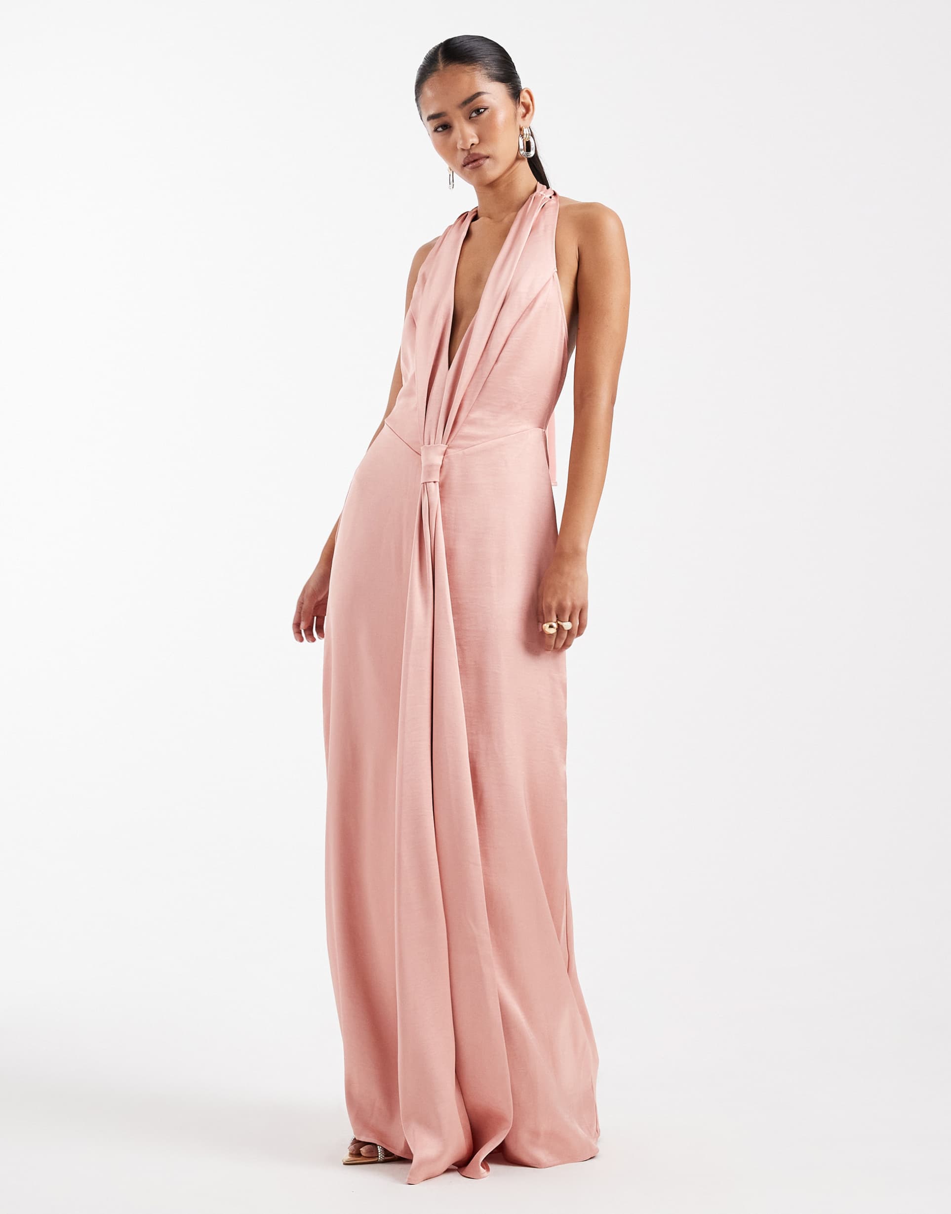 tfnc bridesmaid tiv satin plunge halterneck tassel detail maxi dress in pink