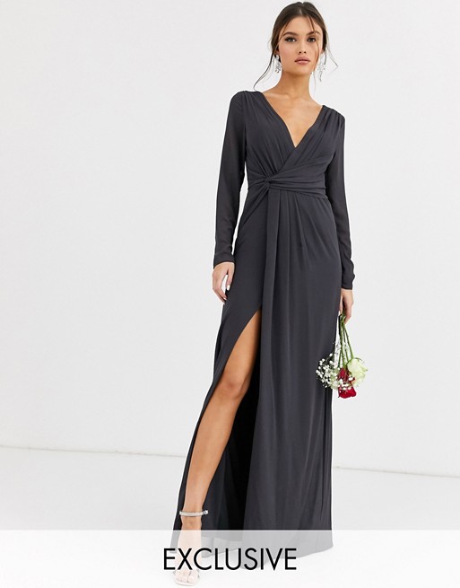 TFNC Bridesmaid twist knot wrap maxi dress in grey