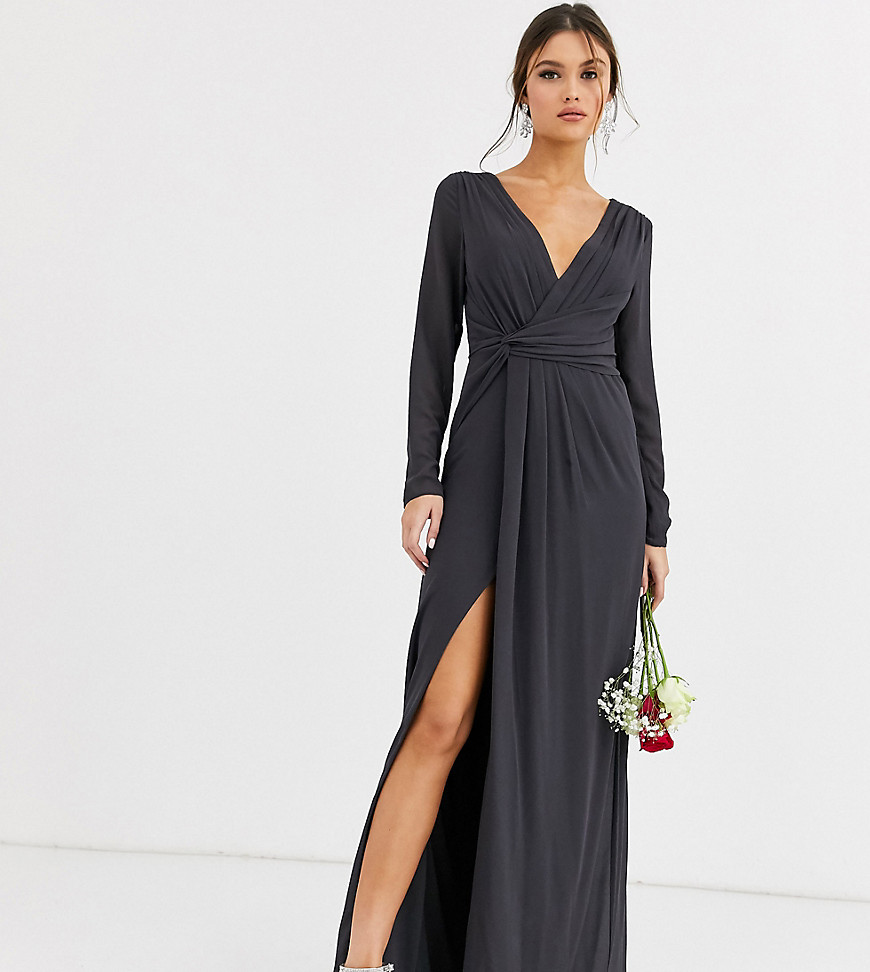TFNC Bridesmaid twist knot wrap maxi dress in grey