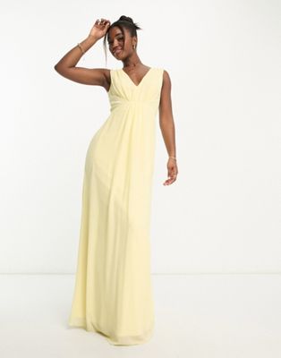 TFNC Bridesmaid v neck chiffon maxi dress in lemon