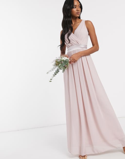 TFNC bridesmaid wrap front bow back maxi dress in pink ASOS