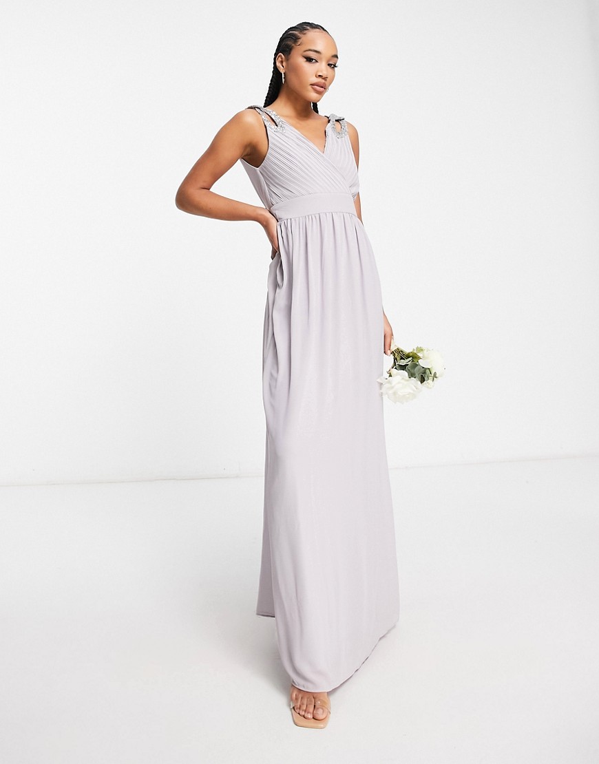 TFNC Bridesmaid wrap front chiffon maxi dress with embellished shoulder detail in gray