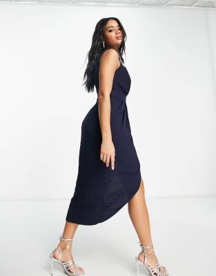 Navy High Neck Chiffon Maxi Dress