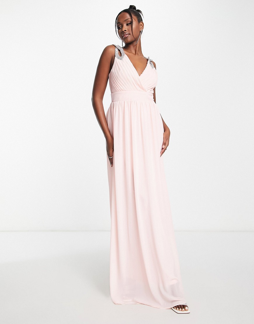 TFNC Bridesmaid wrap front chiffon maxi dress with embellished shoulder detail in whisper pink