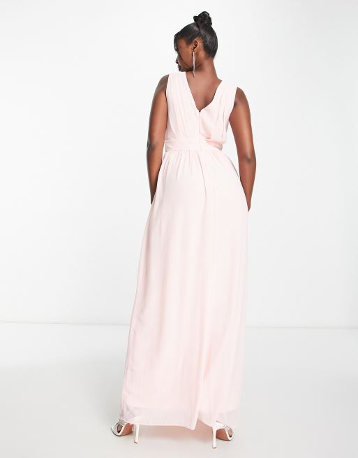 TFNC Bridesmaid wrap front chiffon maxi dress with embellished shoulder  detail in whisper pink