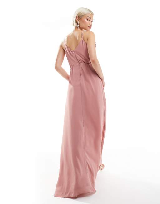 TFNC Bridesmaid wrap front chiffon maxi dress with frill detail and split in dusky pink, 2 of 4