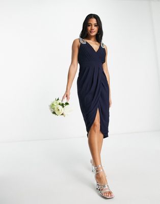 TFNC Bridesmaid wrap front chiffon midi dress with embellished shoulder detail in navy - ASOS Price Checker