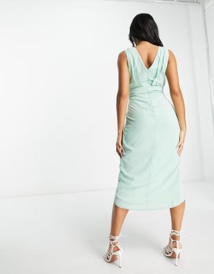 Tfnc Bridesmaid Wrap Front Chiffon Midi Dress With Embellished Shoulder Detail In Brown