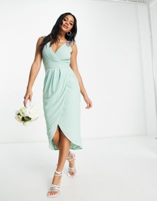 TFNC Bridesmaid wrap front chiffon midi dress with embellished shoulder detail in sage green
