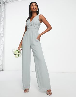 Tfnc Bridesmaid Wrap Front Jumpsuit In Sage Green