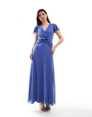 Bridesmaid wrap front maxi dress in aster blue