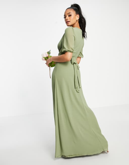 TFNC Bridesmaid wrap front maxi dress in dusky green, 2 of 4