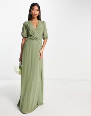 TFNC Bridesmaid wrap front maxi dress in dusky sage green