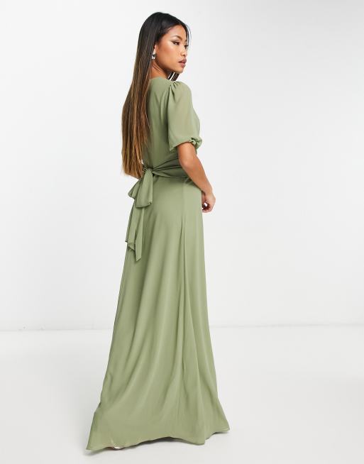 TFNC Bridesmaid wrap front maxi dress in dusky sage green | ASOS