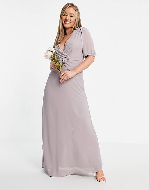 TFNC Bridesmaid wrap front maxi dress in light grey