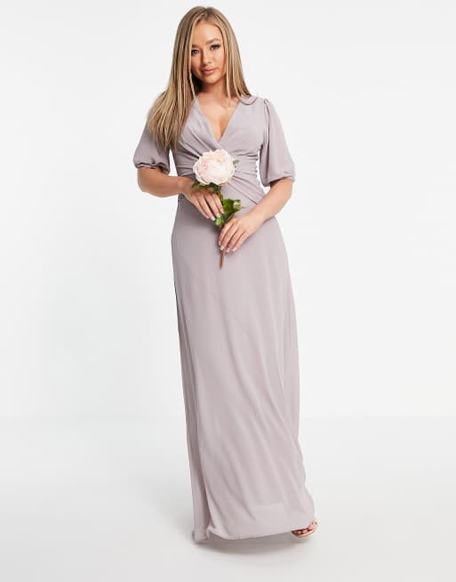 TFNC Bridesmaid wrap front maxi dress in light grey