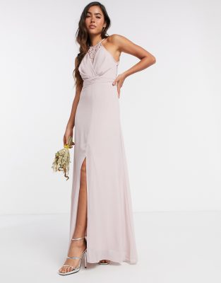 TFNC bridesmaid wrap lace maxi dress in pink