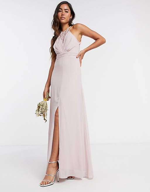  TFNC bridesmaid wrap lace maxi dress in pink 