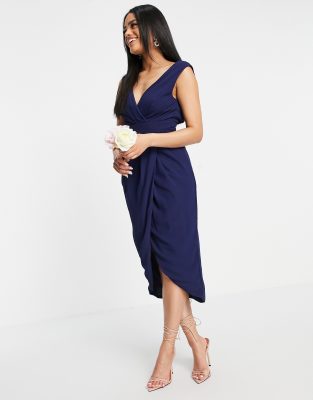 TFNC Bridesmaid wrap midi dress in navy