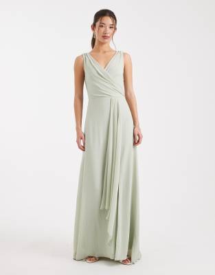 Tfnc Bridesmaid Yida Chiffon Wrap Top Draped Maxi Dress In Green