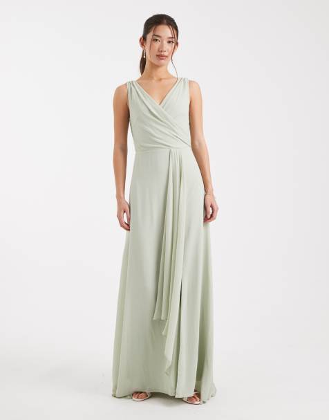 TFNC Bridesmaid chiffon wrap top draped maxi dress in sage green