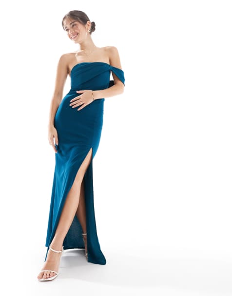 TFNC Bridesmaids asymmetric bardot maxi dress in teal - view 1