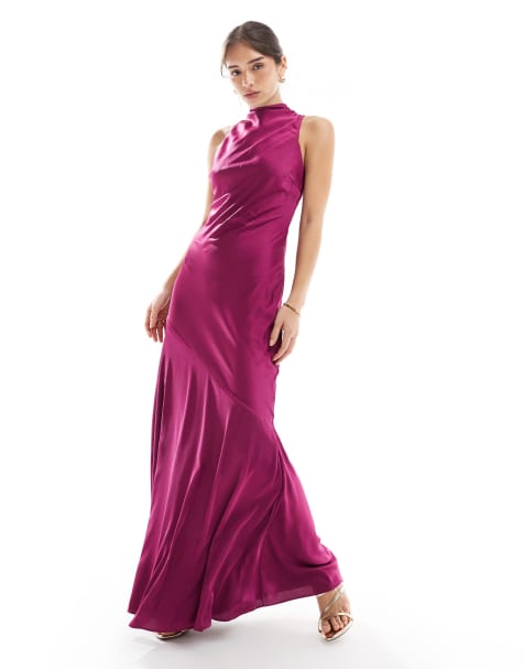 TFNC Bridesmaids asymmetric high neck satin maxi dress in plum - view 1