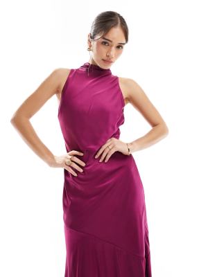 TFNC Bridesmaids asymmetric high neck satin maxi dress in plum