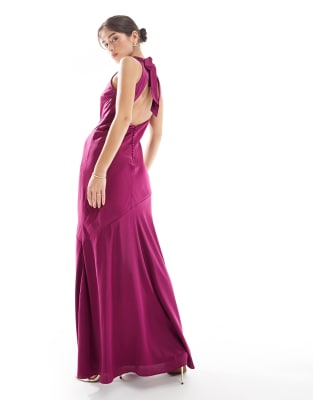 TFNC Bridesmaids asymmetric high neck satin maxi dress in plum