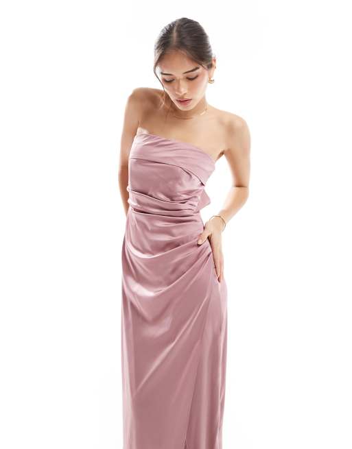 TFNC Bridesmaids bandeau satin maxi dress with tie back in mauve pink