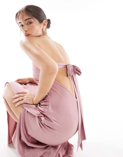 TFNC Bridesmaids bandeau satin maxi dress with tie back in mauve pink