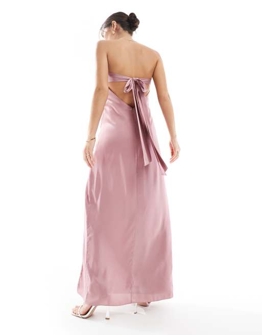 TFNC Bridesmaids bandeau satin maxi dress with tie back in mauve pink