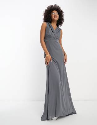 TFNC Bridesmaids bardot fitted maxi dress in dark gray | ASOS