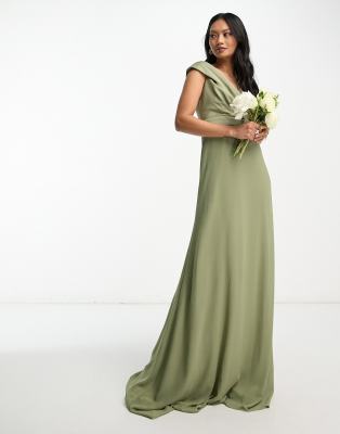 TFNC Bridesmaids bardot fitted maxi dress in dusky sage green