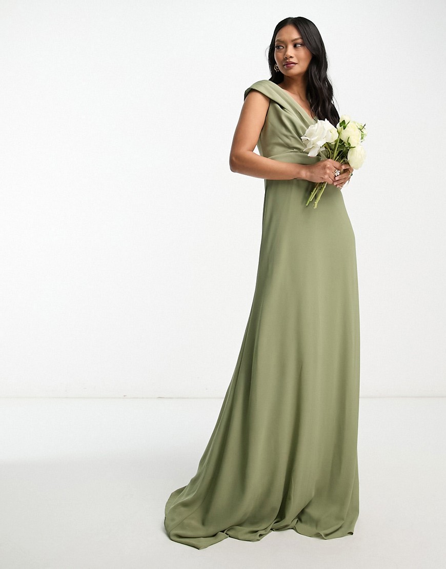 Tfnc Bridesmaid Chiffon One Shoulder Drape Maxi Dress In Dusky Sage Green-navy