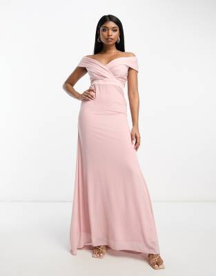 Bridesmaids bardot fitted maxi dress in mauve-Pink