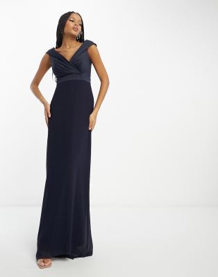 Tfnc Bridesmaids Bardot Fitted Maxi Dress In Navy