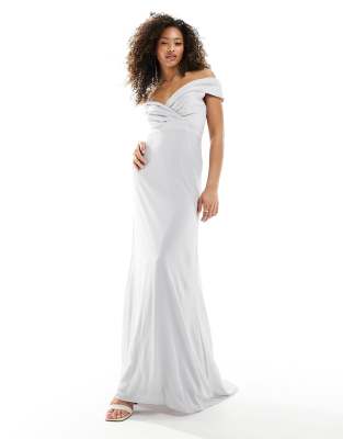 Tfnc Bridesmaids Bardot Fitted Maxi Dress In Silver